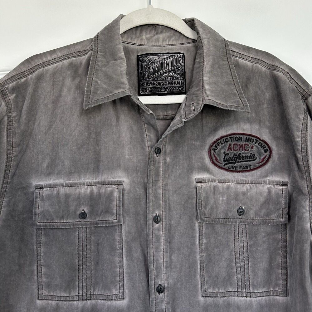 Affliction Black Premium Men XL Speed Shop Skull Button Up Shirt Gray Biker Y2K - Picture 3 of 11